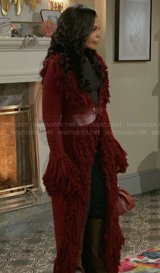 Dani’s burgundy fringed cardigan on Beyond the Gates
