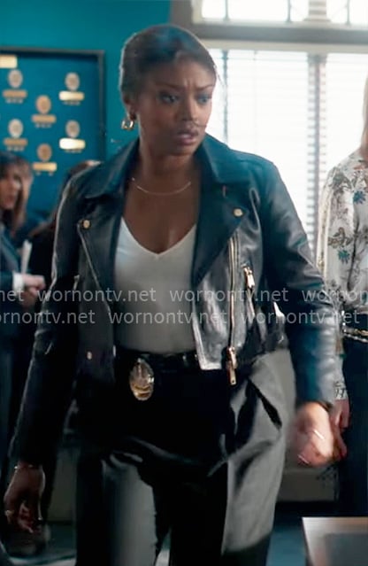 Daphne's cropped leather moto jacket on High Potential