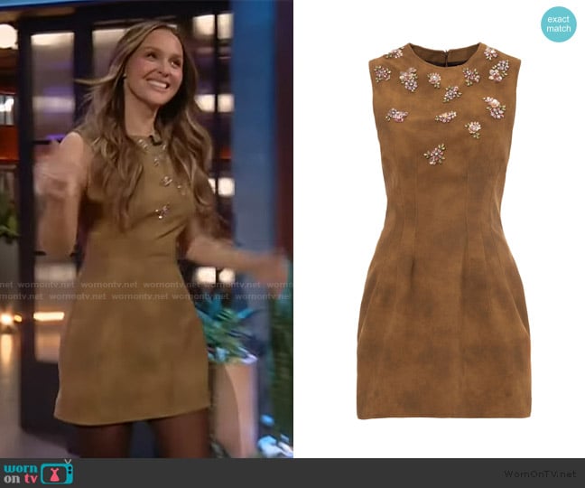 Des_Phemmes Embroidered Faux Suede Mini Dress worn by Camilla Luddington on The Kelly Clarkson Show