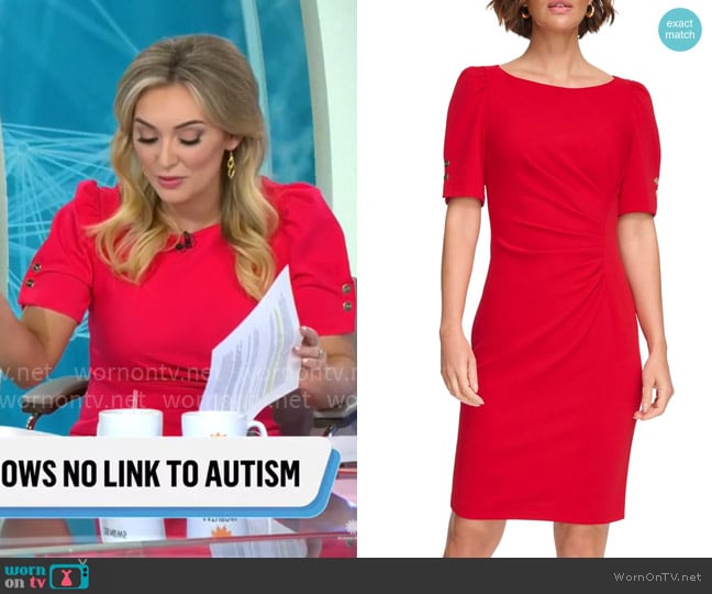 DKNY Button Short Sleeve Ruched Sheath Dress in Scarlet worn by Kelly O'Grady on CBS Mornings