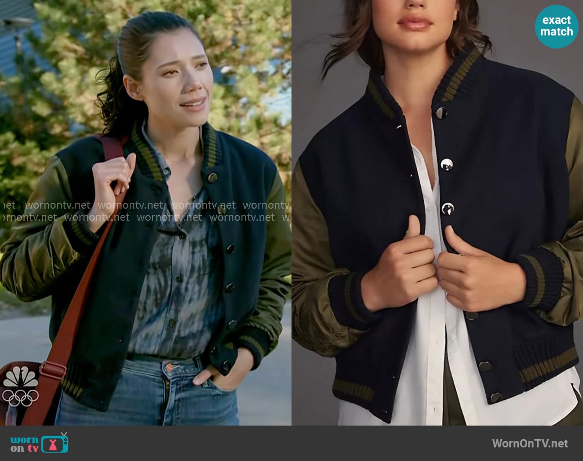 Dolan at Anthropologie Varsity Jacket worn by Violet Mikami (Hanako Greensmith) on Chicago Fire