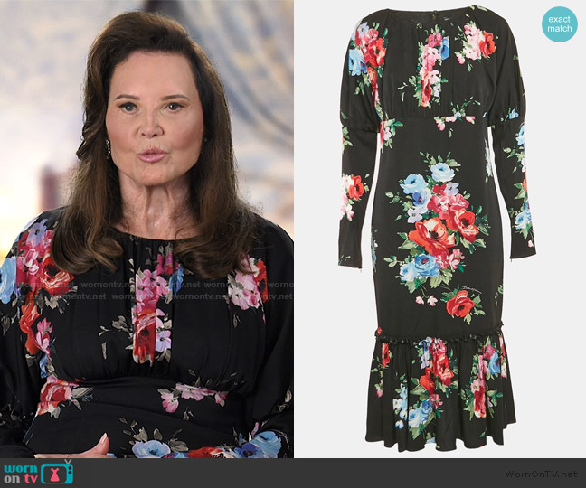 Dolce & Gabbana Black Floral Print Silk Flounce Midi Dress worn by Patricia Altschul on Southern Charm