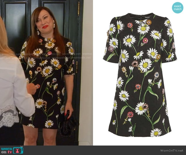 Dolce & Gabbana Jacquard Crystal Dress in Black Floral worn by Jennifer Tilly on The Real Housewives of Beverly Hills