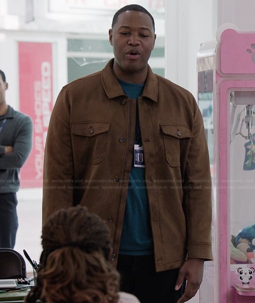 Dominic's brown suede jacket on Abbott Elementary