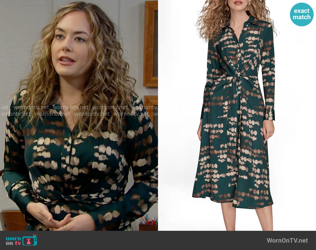 Donna Karan Abstract Long Sleeve Tie Front Stretch Satin Shirtdress worn by Hope Logan (Annika Noelle) on The Bold and the Beautiful