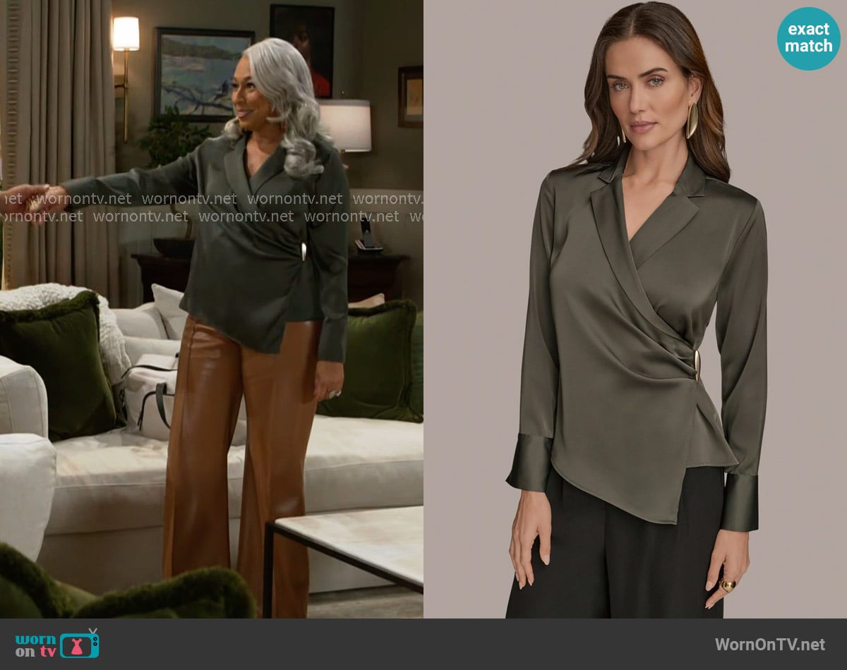 Donna Karan Asymmetric Wrap Effect Blouse in Dark Mineral worn by Anita Dupree (Tamara Tunie) on Beyond the Gates