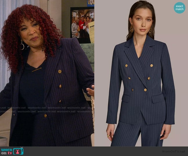 Donna Karan Pinstripe Double-Breasted Blazer worn by Althea (Kym Whitley) on The Upshaws