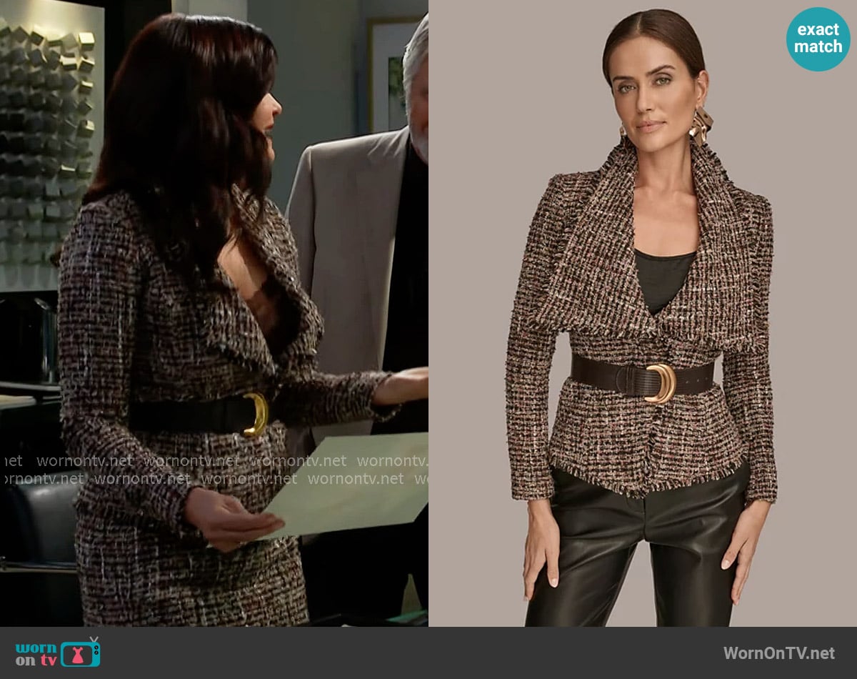 Donna Karan Wide Lapel Collar Belted Tweed Blazer worn by Katie Logan (Heather Tom) on The Bold and the Beautiful