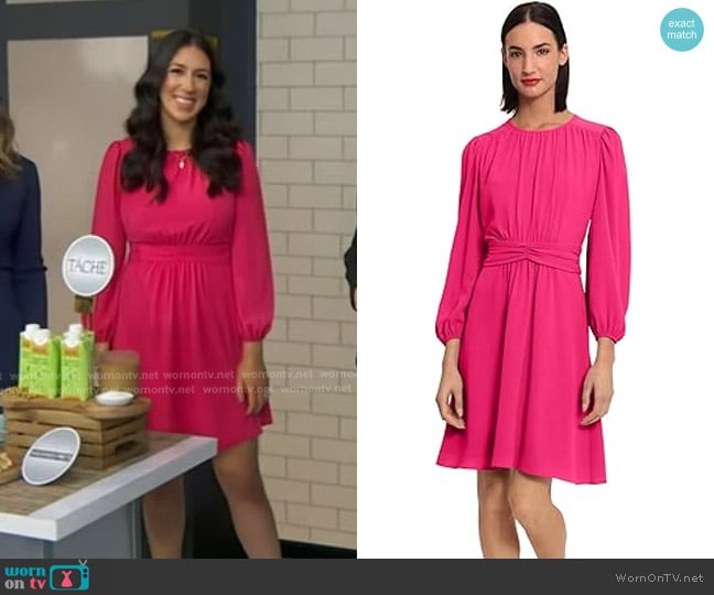 Donna Morgan Long Sleeve Twist Waist Dress in Pink Peacock worn by Stefeni Sassos on Good Morning America