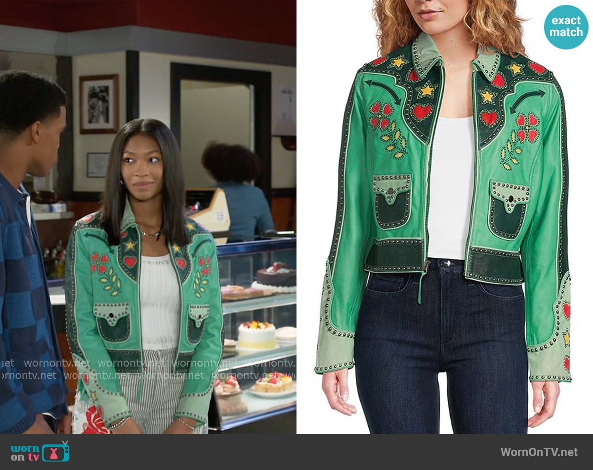 Jessica’s green embroidered jacket on Beyond the Gates Jessica’s green embroidered jacket on Beyond the Gates