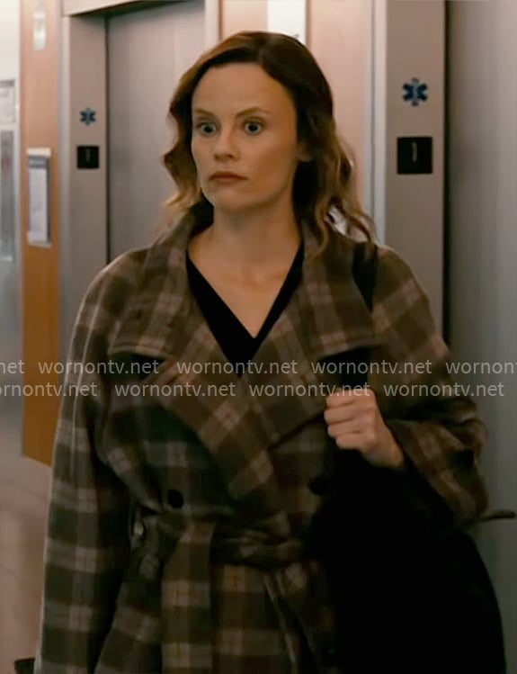 Dr. Caitlin Lenox’s brown plaid coat on Chicago Med