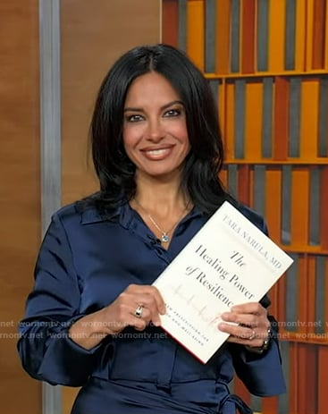 Dr. Tara Narula’s navy satin shirtdress on Good Morning America