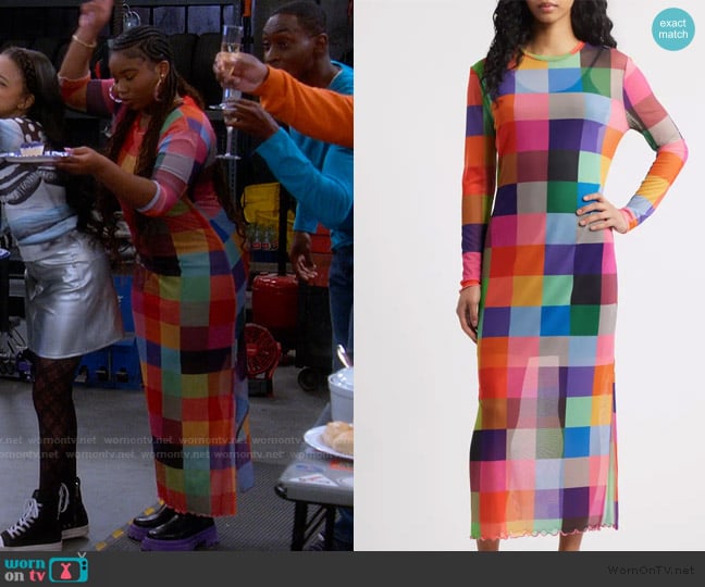 Savannah’s multicolored check print dress on The Upshaws