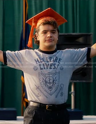 Dustin's grey Hellfire Lives print tee on Stranger Things
