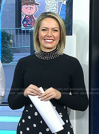 Dylan’s black pearl neck sweater and polka dot pants on Today