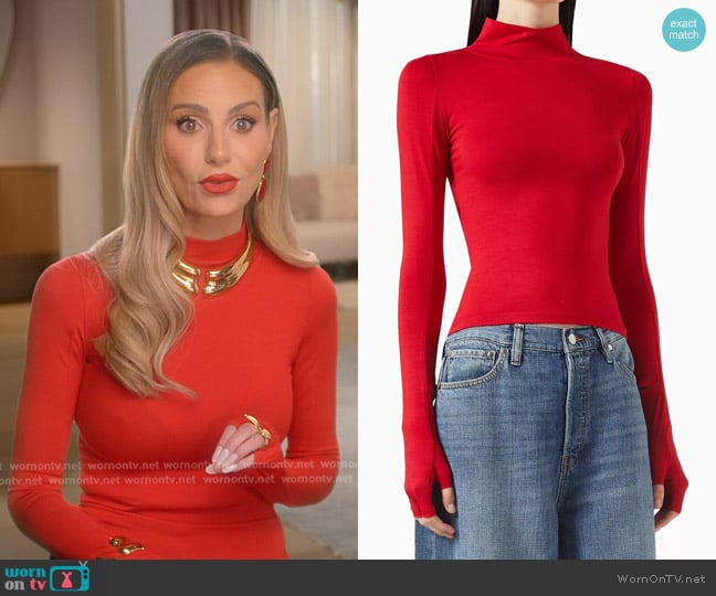 EB Denim Swann Mock Neck Tee in Red worn by Dorit Kemsley on The Real Housewives of Beverly Hills