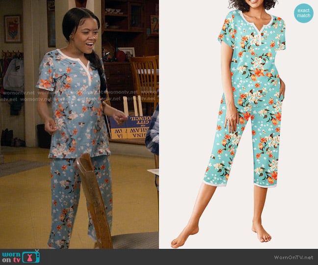 Ekouaer Short Sleeve Sleepwear Top and Capri Pants Pajama Set worn by Aaliyah Upshaw (Khali Spraggins) on The Upshaws