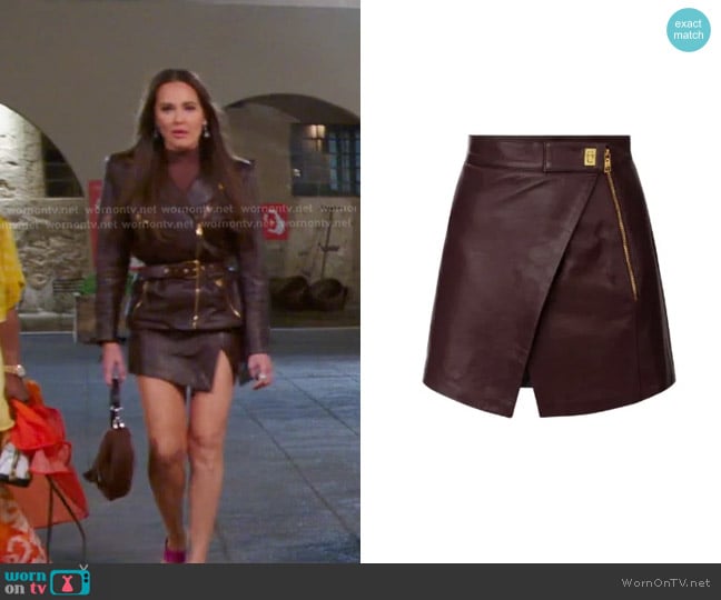 Elisabetta Franchi Asymmetrical Leather Mini Skirt worn by Meredith Marks on The Real Housewives of Salt Lake City