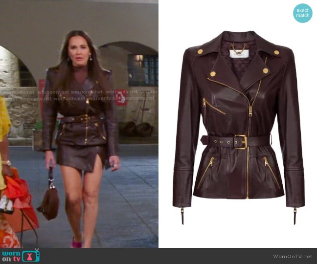 Elisabetta Franchi Belted Leather Biker Jacket worn by Meredith Marks on The Real Housewives of Salt Lake City