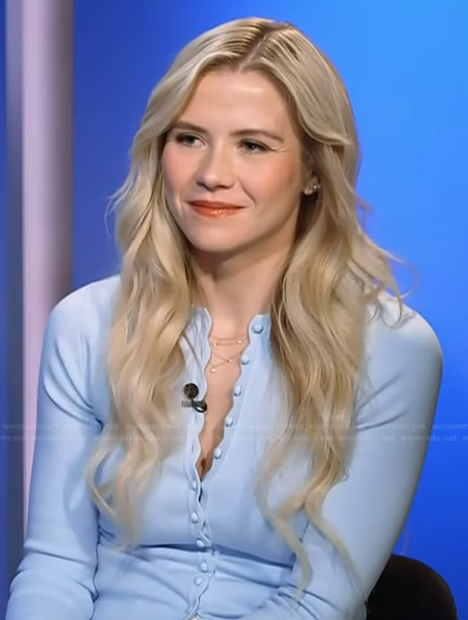 Elizabeth Smart’s blue cardigan on Access Hollywood