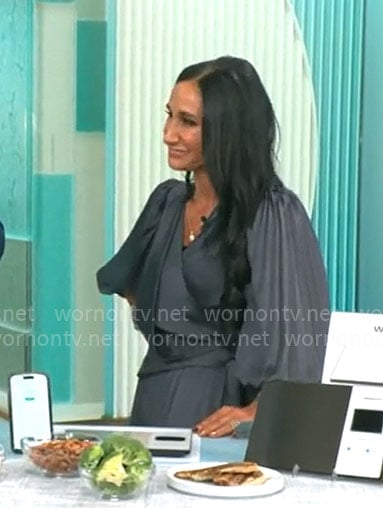 Elizabeth Werner’s grey pleated wrap dress on CBS Mornings