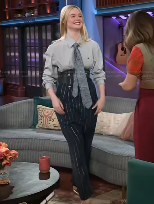 Elle Fanning’s pinstripe high-waist pants on The Kelly Clarkson Show