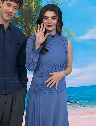 Emily Bader's blue one sleeve gathered dress on Today