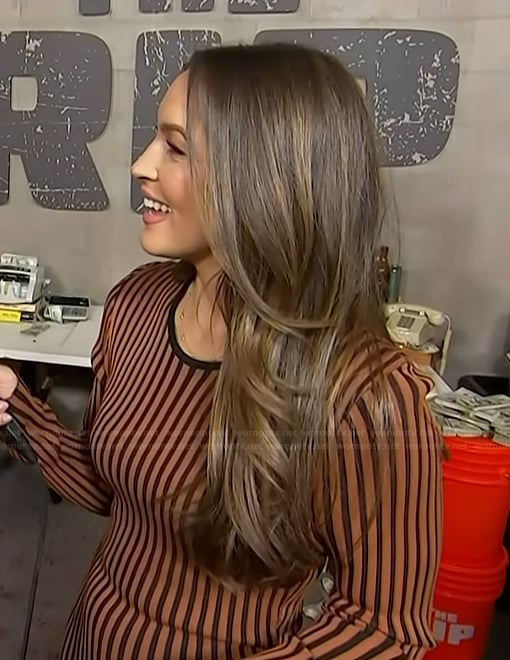 Emily’s brown striped dress on Access Hollywood