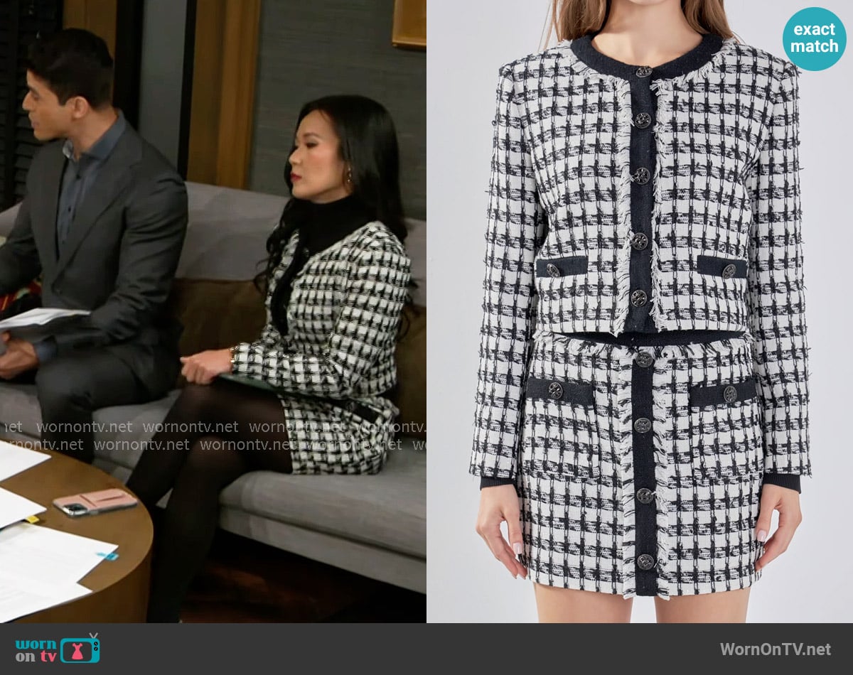Endless Rose Premium Cropped Tweed Jacket and Skirt worn by Caroline Lee (Ellie Wang) on Beyond the Gates