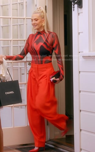 Erika's red and black print mesh top and pants on The Real Housewives of Beverly Hills