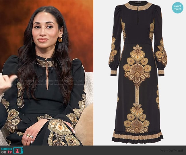 Meaghan’s black printed dress on Access Hollywood