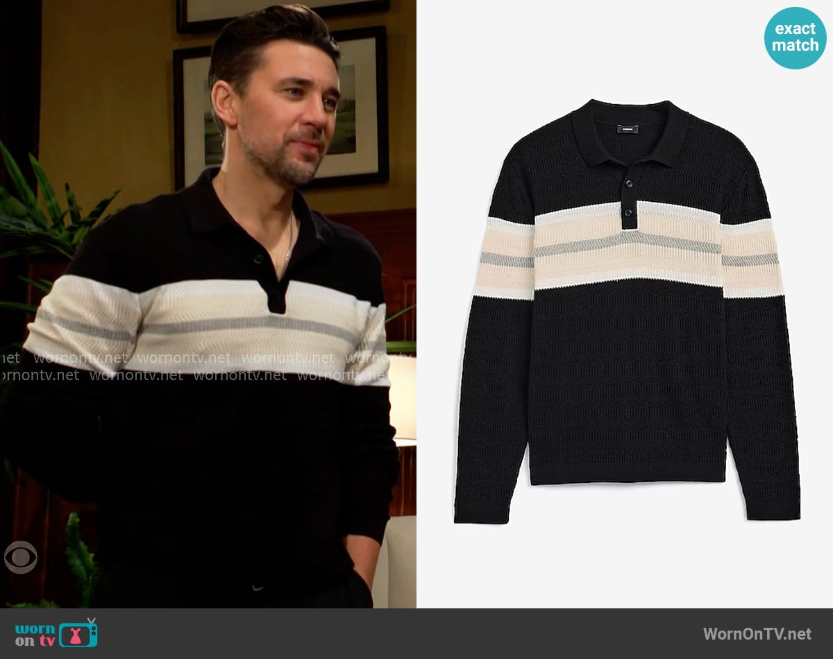 Cane’s black striped polo sweater on The Young and the Restless