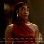 Faith’s red one-shoulder top and printed skirt on Will Trent