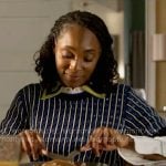 Faith's blue striped sweater and embroidered shirt on Will Trent