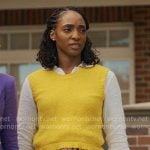 Faith’s yellow sweater vest, striped pants and embroidered shirt on Will Trent