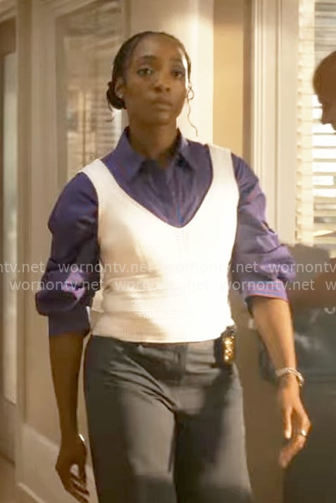 Faith’s blue striped shirt and white knit tank on Will Trent