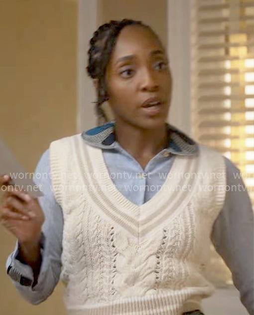 Faith’s cable-knit sweater vest and blue embroidered collar shirt on Will Trent