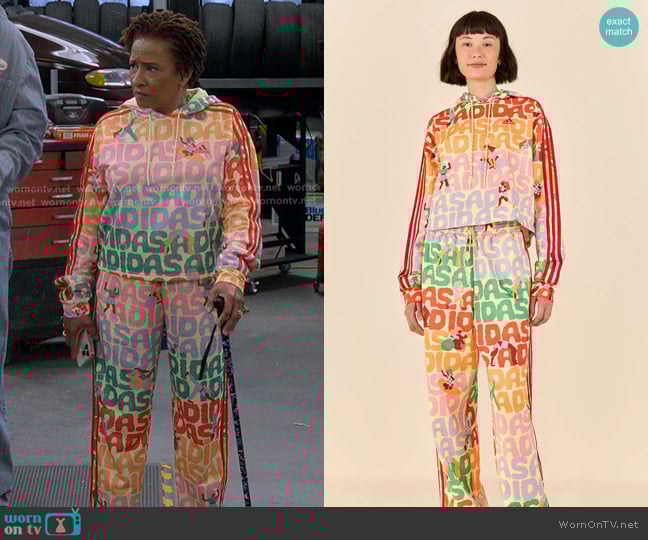 Farm Rio x Adidas Hoodie and Trackpants in pearl citrine worn by Lucretia Turner (Wanda Sykes) on The Upshaws