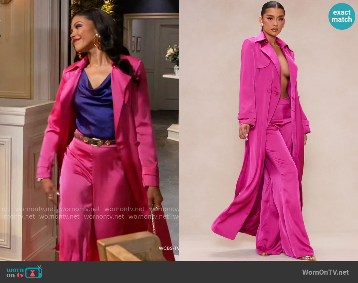 Fashion Nova Gabriella Satin Trench Coat And Pant Set in Hot Pink worn by Dani Dupree (Karla Mosley) on Beyond the Gates