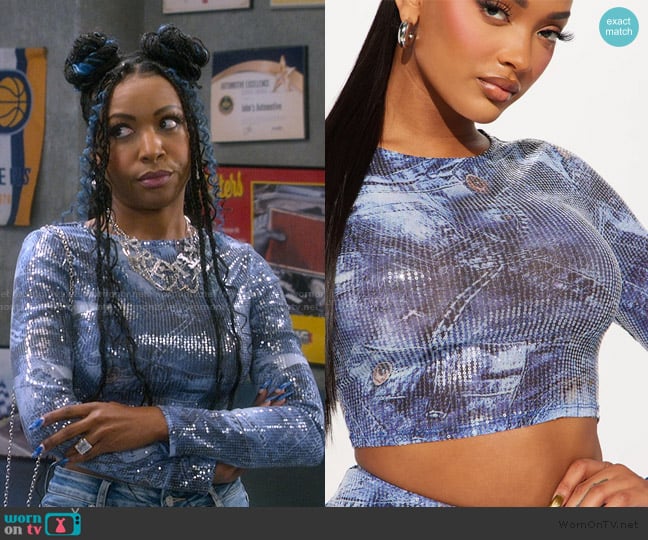 Fashion Nova In A Denim Mood Sequin Skirt Set worn by Tasha (Gabrielle Dennis) on The Upshaws