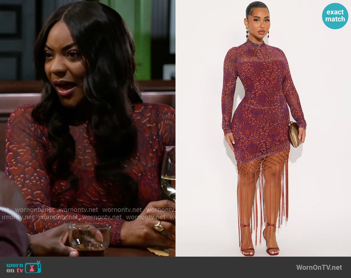 Fashion Nova Karelle Mesh Fringe Mini Dress - Red/combo worn by Shanice Johnson (Ernestine Johnson) on Beyond the Gates
