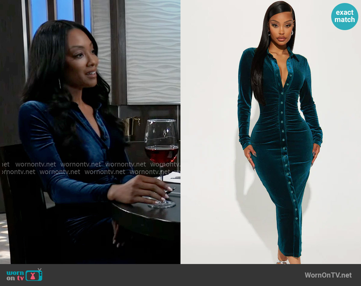 Fashion Nova Katie Velvet Midi Dress in Teal worn by Jordan Ashford (Tanisha Mariko Harper) on General Hospital