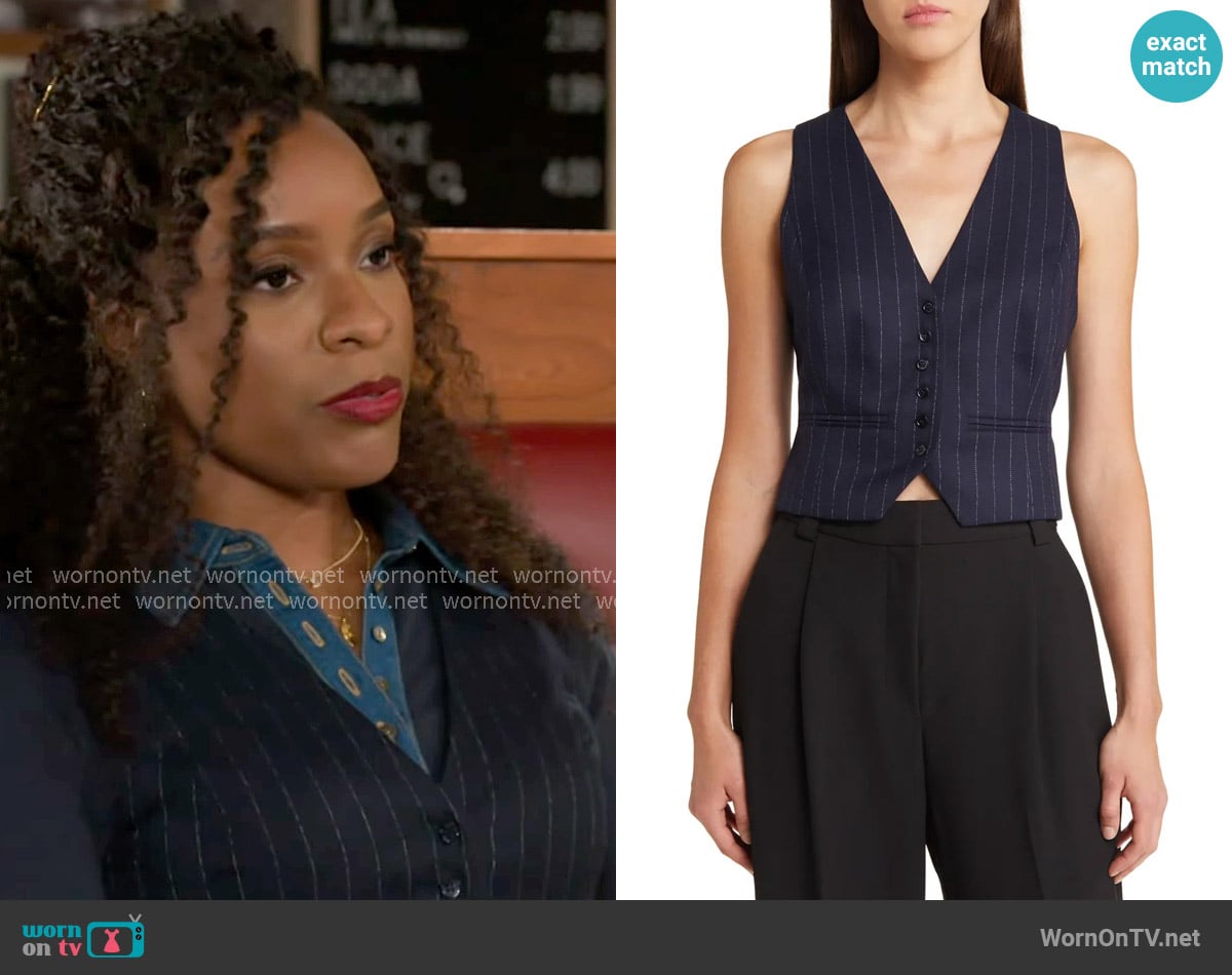 Favorite Daughter The Favorite Pinstripe Vest in Navy Pinstripe worn by Naomi Hamilton Hawthorne (Arielle Prepetit) on Beyond the Gates