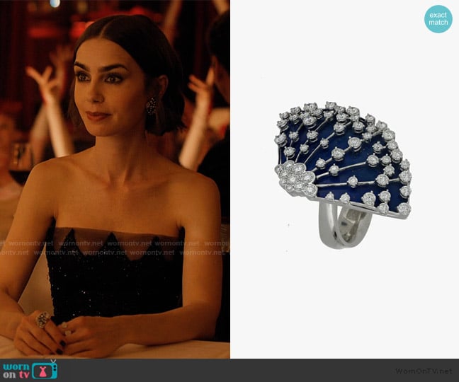 Ferri Firenze Lucciola Blue Enamel Big Ring worn by Emily Cooper (Lily Collins) on Emily in Paris