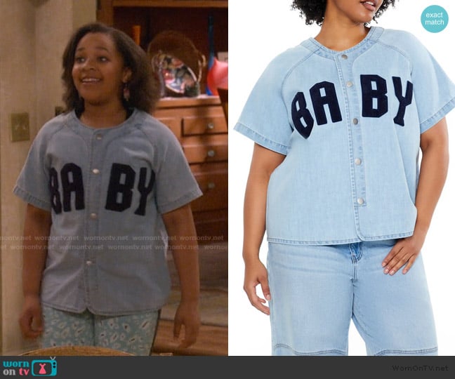 Forever 21 Baby Denim Baseball Top worn by Maya Upshaw (Journey Christine) on The Upshaws