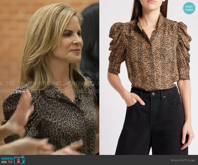 Frame Gillian Leopard Print Puff Sleeve Silk Top worn by Natalie Morales on CBS Mornings