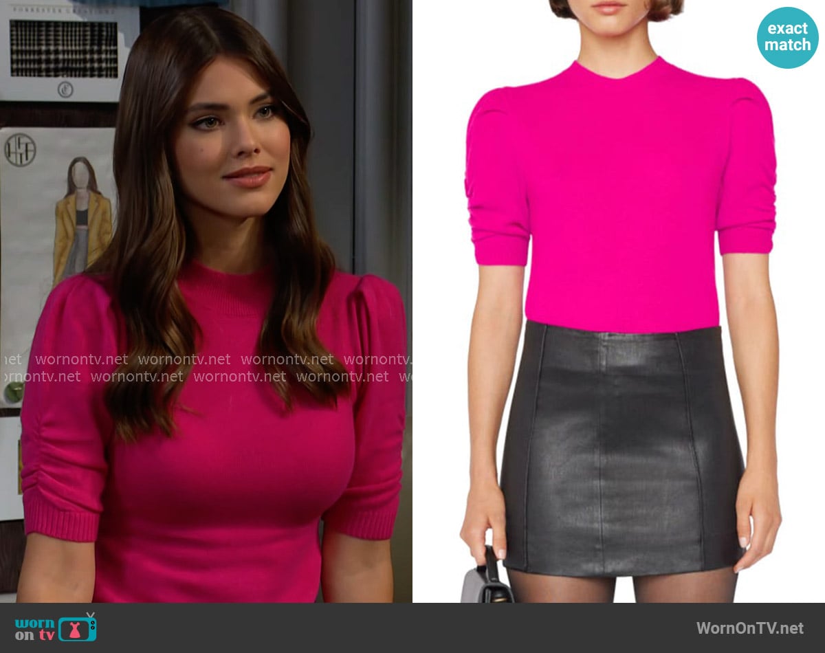 Frame Ruched Sleeve Cashmere-Wool Sweater in Magenta worn by Electra Forrester (Laneya Grace) on The Bold and the Beautiful