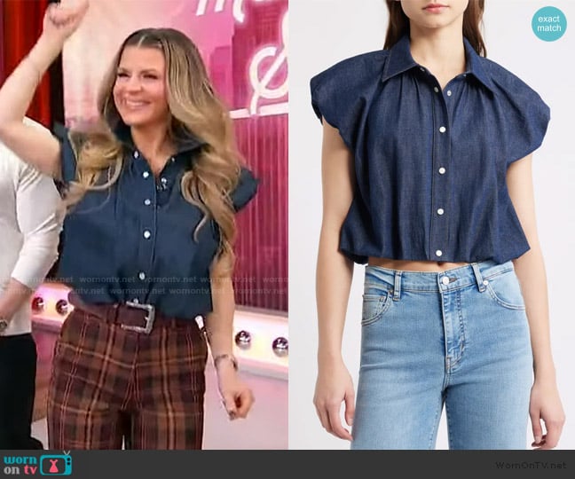 Frame The Shell Denim Puff Sleeve Crop Top worn by Lauren Sorrentino on Sherri
