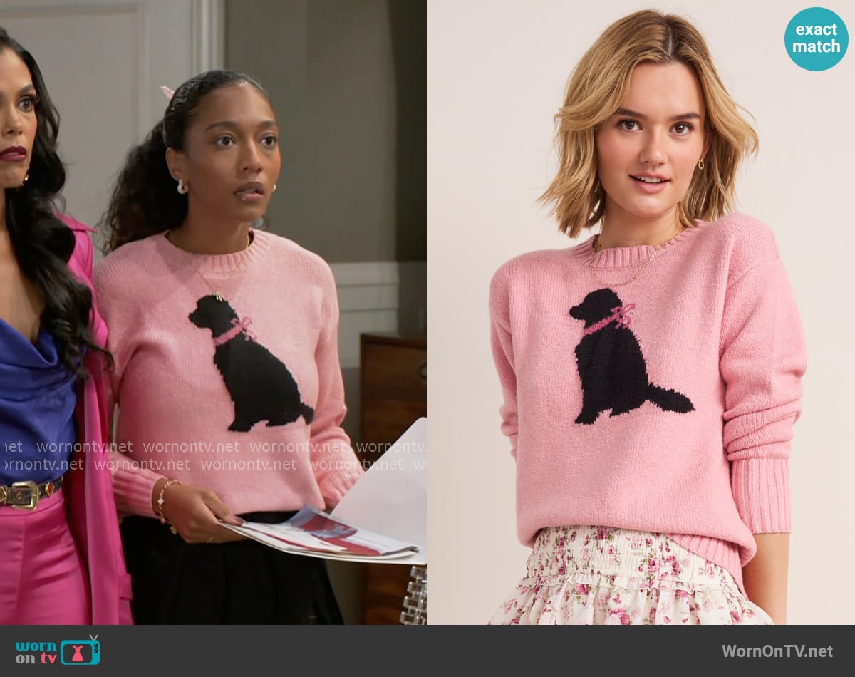 Francescas Bow Dog Graphic Pullover Sweater worn by Samantha Richardson (Najah Jackson) on Beyond the Gates