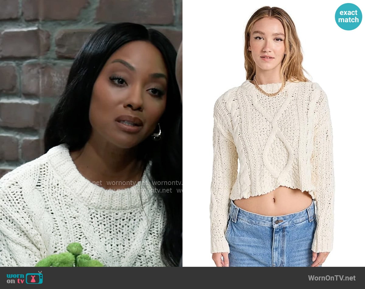 Free People Cutting Edge Cable Sweater worn by Jordan Ashford (Tanisha Mariko Harper) on General Hospital